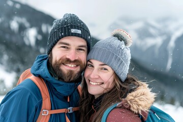 Fototapeta premium Portrait of a glad couple in their 20s sporting a breathable mesh jersey in front of snowy mountain range