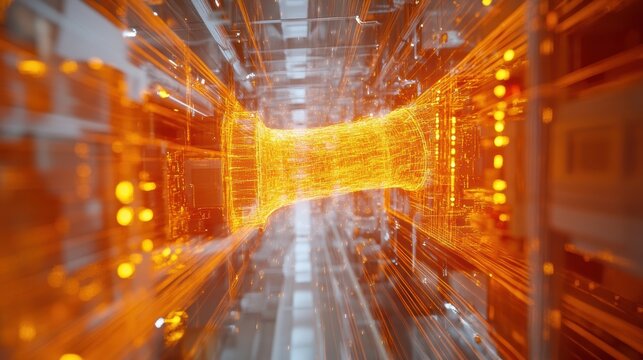 An intricate view of electrical cabling with bright orange signals coursing through them showcasing the synchronization of machines enhanced by 5G communication.
