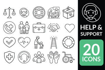 Professional Help and Support Icons - 20 Minimalist Line Art Symbols for Care and Medical Aid