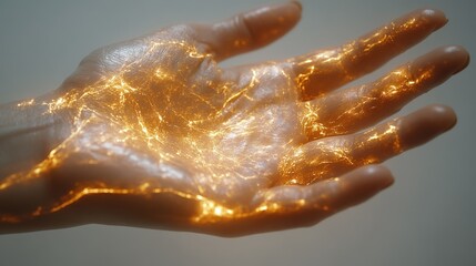 Fototapeta premium Glowing golden palm lines showcase ancient art of palm reading