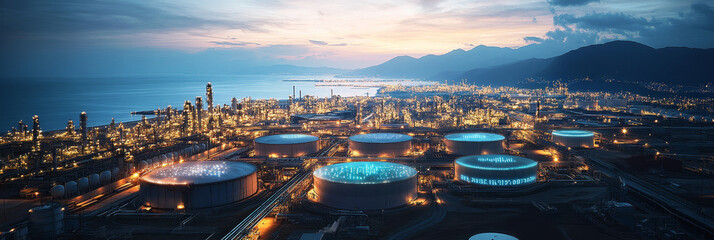 Fototapeta premium Night view of illuminated coastal refinery complex.