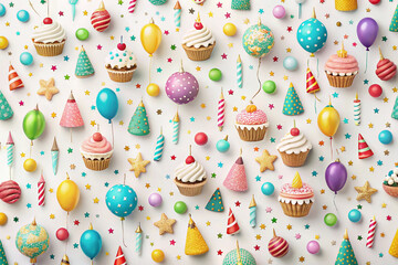 Festive birthday party background with cupcakes, balloons, and confetti.