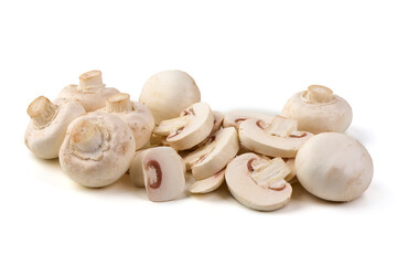 White champignons mushrooms, isolated on white background.