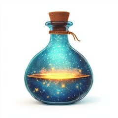 3D icon cartoon magic potion bottle with glowing liquid, isolated on a white background -