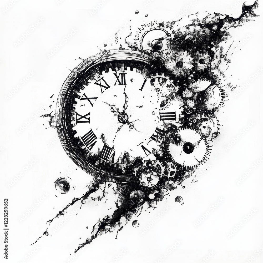 Poster a cracked clock face exploding into gears and time