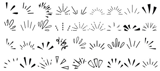 doodle sparkle vector set, sunburst, rays, starburst, hand drawn elements illustration, black lines, outline, decorative, retro style. Suitable for graphic design, illustrations, backgrounds, and web