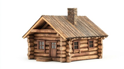 Rustic Wooden Cabin with Stone Chimney and Roof