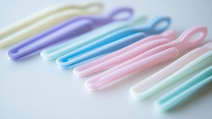 Pastel colored plastic clips arranged in a row on a white surface creating a vibrant pattern