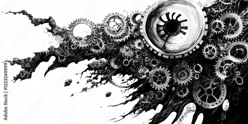 Poster abstract ink drawing of exploding gears and mechanisms