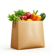3D icon cartoon of a paper bag with fresh produce, isolated on a white background 