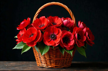Red poppies on a dark background. A series of bouquets in a wicker basket, bouquets are made up of the same color, but different types.