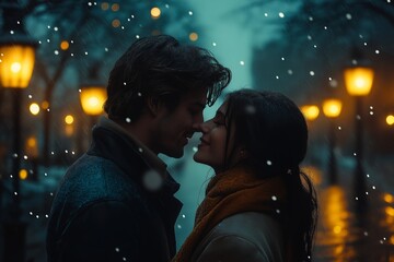 Obraz premium A couple kissing in rain under soft street lights creates a romantic ambiance, perfect for celebrating Saint Valentine's Day in a cozy atmosphere.