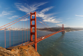Iconic view of the Golden Gate Bridge bathed in warm sunlight