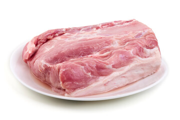 Raw pork loin piece, isolated on white background.