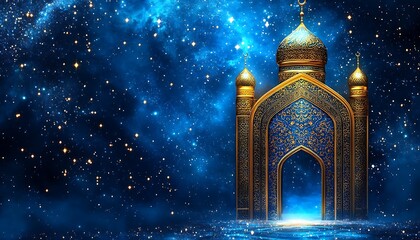 Obraz premium Ornate mosque gate under starry night.