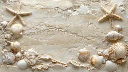Obraz premium Close-up of sandy beach treasures featuring seashells and starfish on a calming background