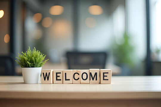 A 'welcome' sign on a desk symbolizes a friendly onboarding process in a modern office