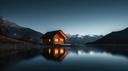 Fototapeta premium A serene mountain cabin reflecting in a calm lake under a starlit sky tranquil outdoor living seasonal escape and natural beauty timeless and calming
