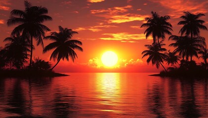 Fiery sunset over tropical island.