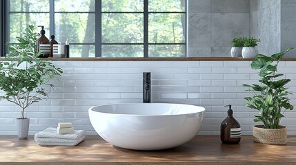 Fototapeta premium Modern Minimalist Bathroom Design: White Tiles, Wooden Vanity, and Lush Greenery