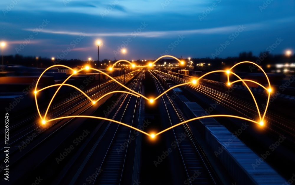 Poster a night view of illuminated train tracks, featuring artistic light trails that create a dynamic, flo