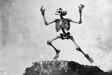 A dancing skeleton leaps from a dark rock