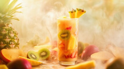 Fototapeta premium A refreshing tropical smoothie in a tall glass showcases vibrant layers of mango, pineapple, and kiwi, surrounded by colorful fruit slices and a soft mist, illuminated by warm sunlight.