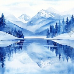 Obraz premium Serene winter lake reflecting snowy mountains, ideal for calendars