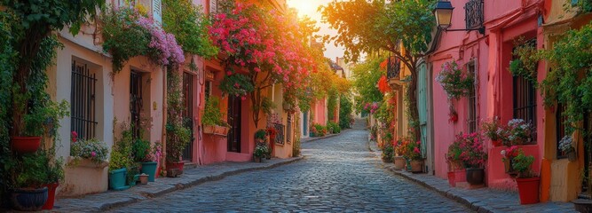Fototapeta premium Spring morning in Montmartre with cobblestone street and vibrant flowers