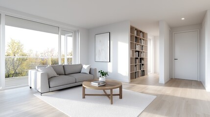 Modern apartment living room with balcony view, sunlight streaming through windows, showcasing minimalist interior design for real estate listings