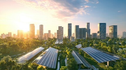 Modern Sustainable Cityscape With Solar Panels and Urban Green Infrastructure