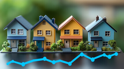 A row of miniature houses sit atop a blue graph line