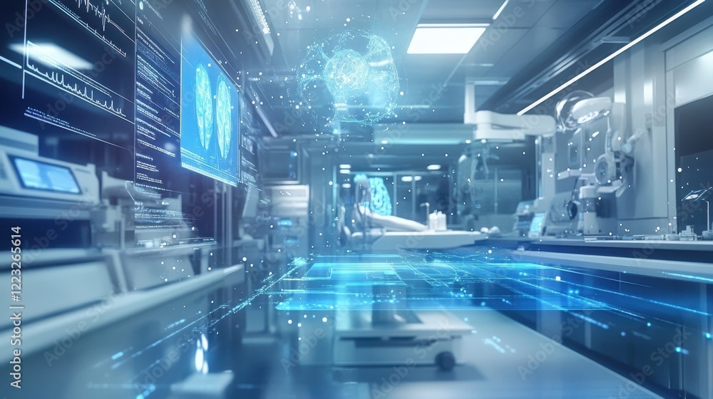 Poster futuristic operating room is displaying brain scans and patient data analysis on transparent digital