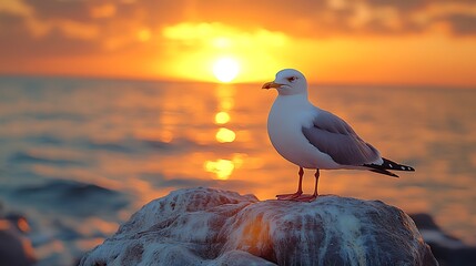 Serene Sunset: A Seagull's Golden Hour Perch