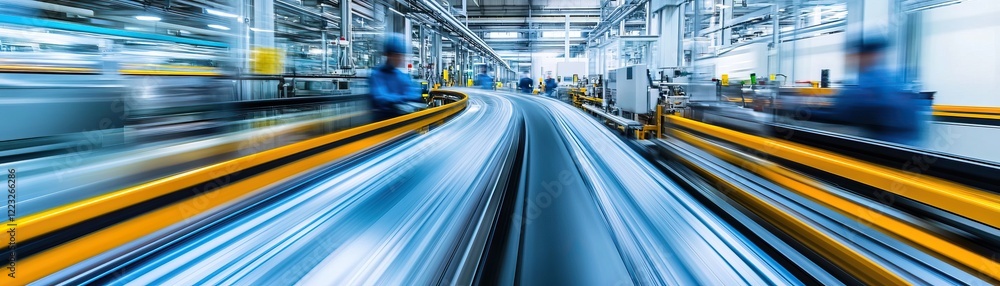 Poster a dynamic factory scene showcasing a conveyor belt with motion blur, highlighting efficiency and aut