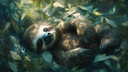 Fototapeta premium Adorable baby sloth resting in lush greenery