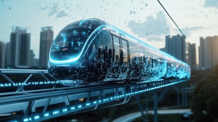 Naklejka premium A holographic monorail gliding through the air symbolizing advanced public transport solutions that minimize groundlevel congestion.