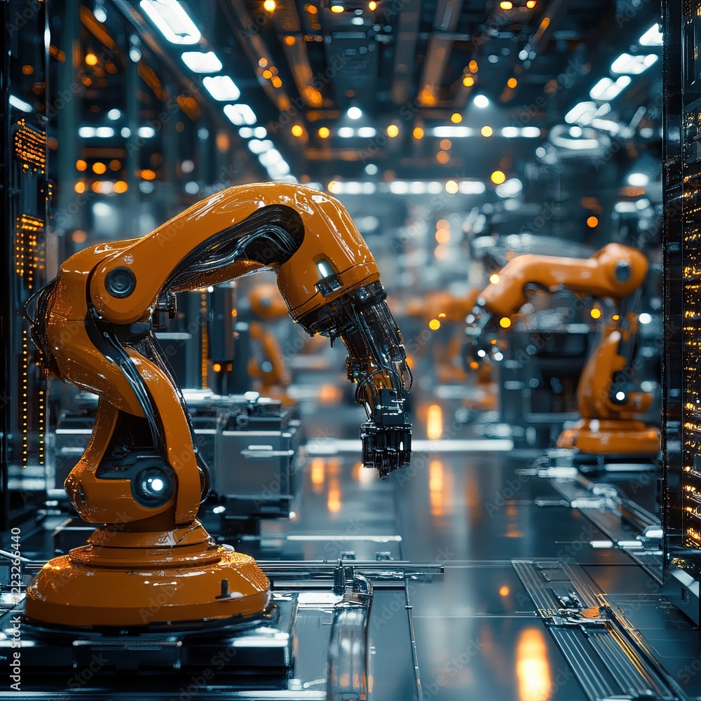 Poster a high-tech industrial setting featuring orange robotic arms operating in a futuristic assembly line