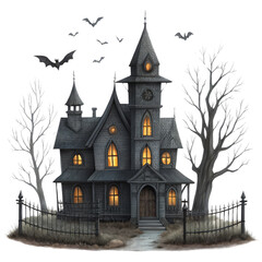 Obraz premium Haunted House Illustration Digital Painting, Bats, Isolated on Transparent Background, Halloween, Spooky Mansion, Halloween, Digital Art, Illustration