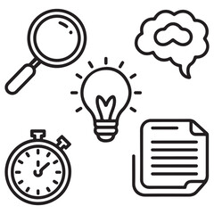 Set of outline icons related to focus, concentration. Linear icon collection. Editable stroke. Vector illustration