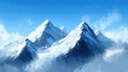 Illustration of majestic mountains with snow-capped peaks under a clear sky.
