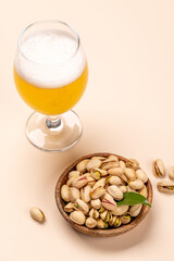 Fresh pistachios, showcasing their vibrant green color and unique texture and beer