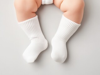 Socks Mockup Concept. Baby feet in cozy white socks, resting on a light background, conveying innocence and warmth.