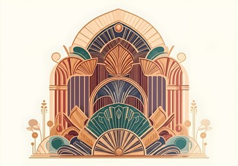 Modern Art Deco Poster with Layered Fan Motifs in Soft Pastel Tones