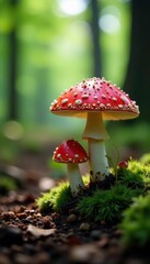 Red and white mushrooms growing in the forest, white, trees, landscape