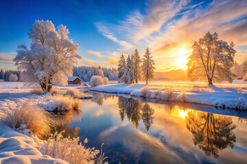 Scenic winter sunrise over snow-covered landscape with frosty trees and calm river reflecting golden sunlight.