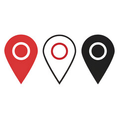 Three Location Pins Red, Black, and Outline - Isolated on Transparent Background, Map Icon, GPS Marker, Location, Navigation, Pointer