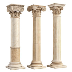 Three Classical Columns Ionic, Doric, Corinthian Styles, Isolated on Transparent Background, 3D Render, Architecture Design, Column, Architecture, 3D Model