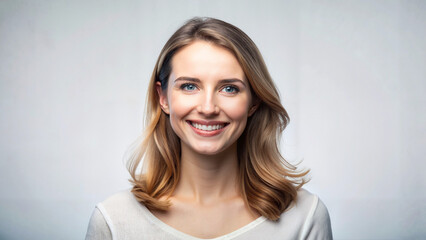 Smiling woman with golden blonde hair in a white top