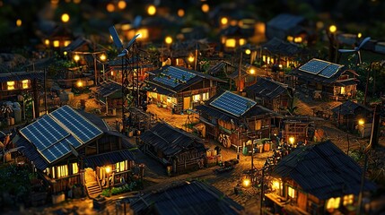 A picturesque rural market glows at night showcasing sustainable energy solutions and community spirit.